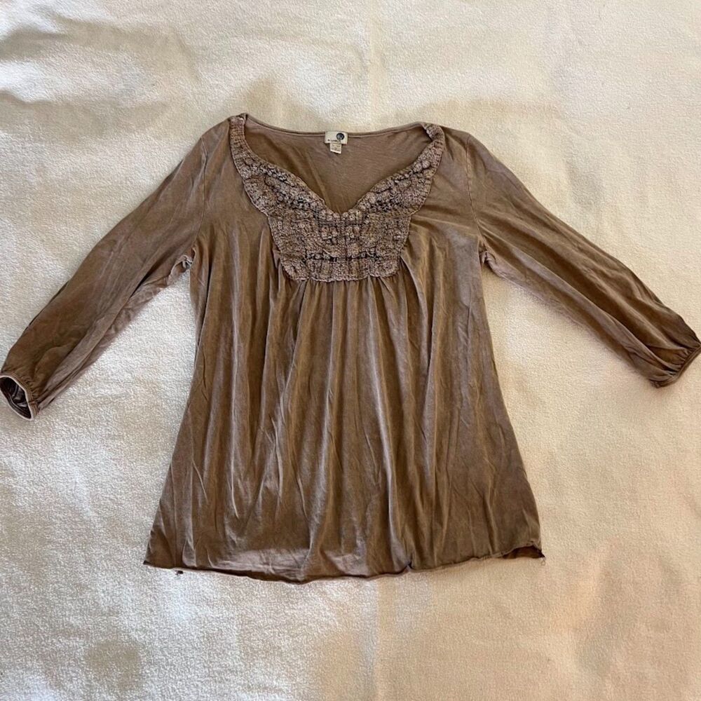 One World Women's Brown Tunic Embroidered Neckline Size XL